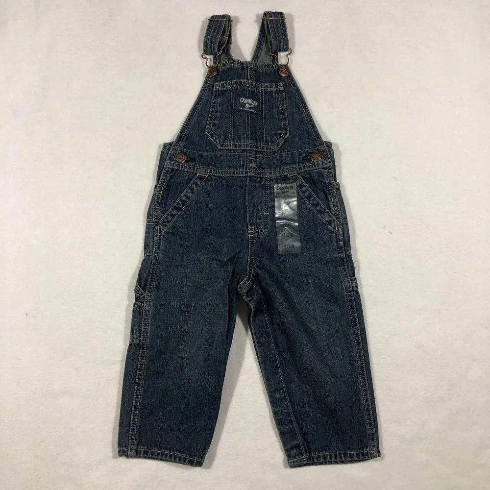 Oshkosh B'Gosh Kids 18 Months Toddler Bib Overalls Blue Dark Wash Snaps NEW NWT
